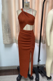 Casual Women's Solid Color Summer Gathered Hollow Slit Dress