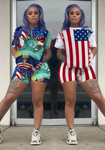 Women's Fashion African Flag Printed Casual Two Piece Shorts Set