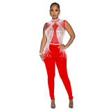 Fashion Women's Solid Color Beaded Mesh Sleeveless Jumpsuit