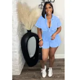 Women's Printed Deep V Slim Waist Short Sleeve Pleated A-Line Casual Jumpsuit