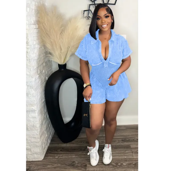 Women's Printed Deep V Slim Waist Short Sleeve Pleated A-Line Casual Jumpsuit