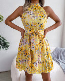 Summer Sleeveless Floral Halter Neck Slim Waist Dress