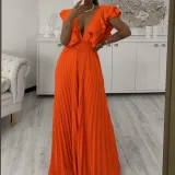 Women's Deep V Neck High Waist Sexy Ruffled Pleat Wide Leg Jumpsuit