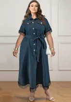 Plus Size Women's Short Sleeve Tassel Button Collar Belt Dress