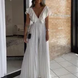 Women's Deep V Neck High Waist Sexy Ruffled Pleat Wide Leg Jumpsuit