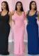 Summer Women's Solid Color Ribbed Ruffle Strap Side Slit Long Dress