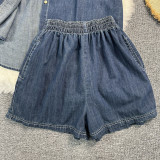 Summer Loose Short-Sleeved Denim Shirt Wide-Leg Shorts Casual Trendy Two-Piece Set