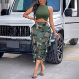 Summer Women's Casual Tied Tank Top Camouflage Print Ruffle Skirt Set