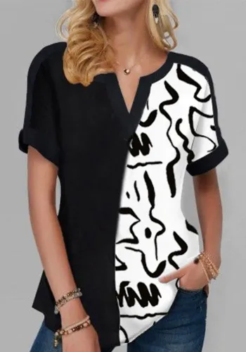 Women's V-Neck Printed Patchwork T-Shirt