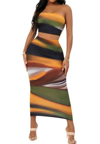Summer Women's Fashion Printed Strapless Slim Women's Two Piece Skirt Set