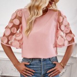 Round Neck Hollow Short Sleeve Top Casual Lace Patchwork Top