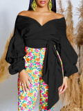 Summer Fashion Solid Color Off-Shoulder Cross Lace-Up Puff Sleeve Sexy V-Neck Shirt African Top
