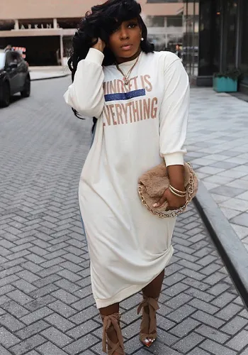 Plus Size Women's Casual Letter Print Contrast Color Loose Long Sleeve T-Shirt Dress