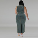 Plus Size Women's Denim Sleeveelss Zipper Top Slit Long Skirt Two Piece Set
