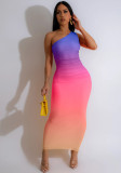 Women's Clothing Fashion Casual Gradient Color One Shoulder Dress