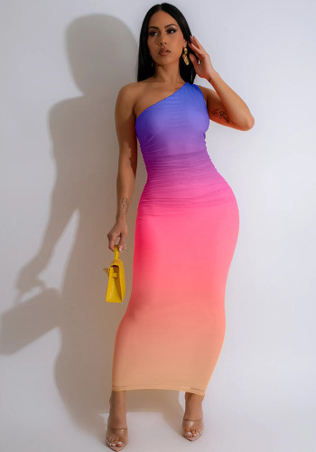 Women's Clothing Fashion Casual Gradient Color One Shoulder Dress