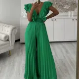 Women's Deep V Neck High Waist Sexy Ruffled Pleat Wide Leg Jumpsuit