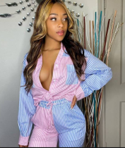 Women's nightclub fashion sexy button striped Chic career long-sleeve shirt Shorts Two Piece Set