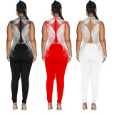 Fashion Women's Solid Color Beaded Mesh Sleeveless Jumpsuit