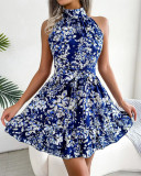 Summer Sleeveless Floral Halter Neck Slim Waist Dress