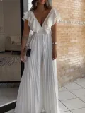 Women's Deep V Neck High Waist Sexy Ruffled Pleat Wide Leg Jumpsuit