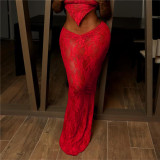 Spring Summer Women's Halter Neck Low Back Solid Color Lace Top Sexy Long Skirt Two Piece Set