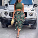 Summer Women's Casual Tied Tank Top Camouflage Print Ruffle Skirt Set