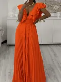 Women's Deep V Neck High Waist Sexy Ruffled Pleat Wide Leg Jumpsuit