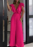 Women's Deep V Neck High Waist Sexy Ruffled Pleat Wide Leg Jumpsuit