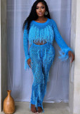 Women's Sexy Fringed Knitting Hollow Two Pieces Pants Set