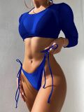Sexy  Two Pieces Strappy Bikini Long Sleeve Top Three-Piece Blue Swimsuit