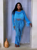 Women's Sexy Fringed Knitting Hollow Two Pieces Pants Set