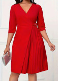 Spring And Summer Chic Elegant Red V-Neck Solid Color Midi Dress