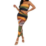 Summer Women's Fashion Printed Strapless Slim Women's Two Piece Skirt Set