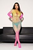 Sexy Lingerie Sexy Multicolor Print Long Sleeve Hollow Out See Through Lacemesh Jumpsuit