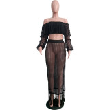 Summer Hollow Sexy Fashion Mesh Tassel See-Through Two-Piece Skirt Set