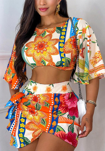 Floral Print Low Back Lace-Up Casual Two Piece Shorts Set