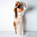 Summer Hollow Sexy Fashion Mesh Tassel See-Through Two-Piece Skirt Set