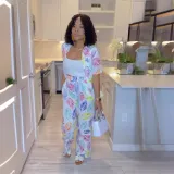Casual Leaf Print Short-Sleeved Shirt Trousers Two Piece Set