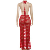 Spring Summer Women's Halter Neck Low Back Solid Color Lace Top Sexy Long Skirt Two Piece Set