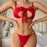 Valentine's Day Sexy Chain Lace-Up Bow Low Back Bra Set Two-Piece Underwear Set