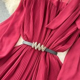 Spring Women's Bow Pleated Chiffon Puff Sleeve Long Dress