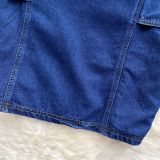 Women Summer Dark Blue Pockets Slim Short Strap Denim Dress