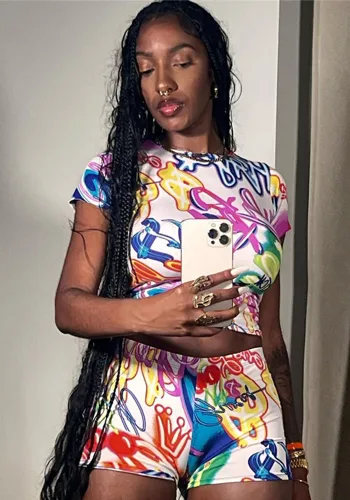 Spring Fashion Crop Printed Short Sleeve T-Shirt High Waist Tight Fitting Shorts Casual Two Piece Set