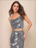 Women's Sequin Lace Up Trap Top Long Skirt Sexy Party Two Piece Set