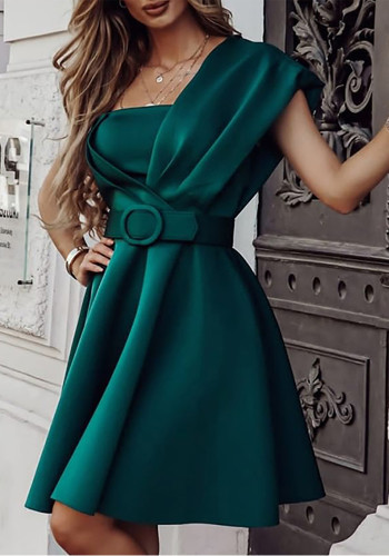 Green Solid One Shoulder Slim Waist Dress With Belt