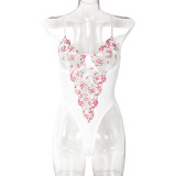 Sexy Lingerie Women's Flowers Embroidered Straps One-Piece Bodysuit