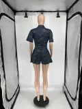 Women's Printed Deep V Slim Waist Short Sleeve Pleated A-Line Casual Jumpsuit