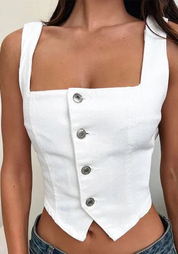 Buttoned Strap Solid Color Halter Denim Vest Top