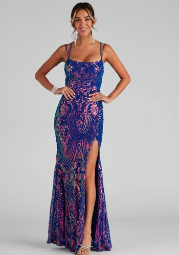 Sexy Sequined Strap Evening Gown Elegant Slit Formal Party Dress